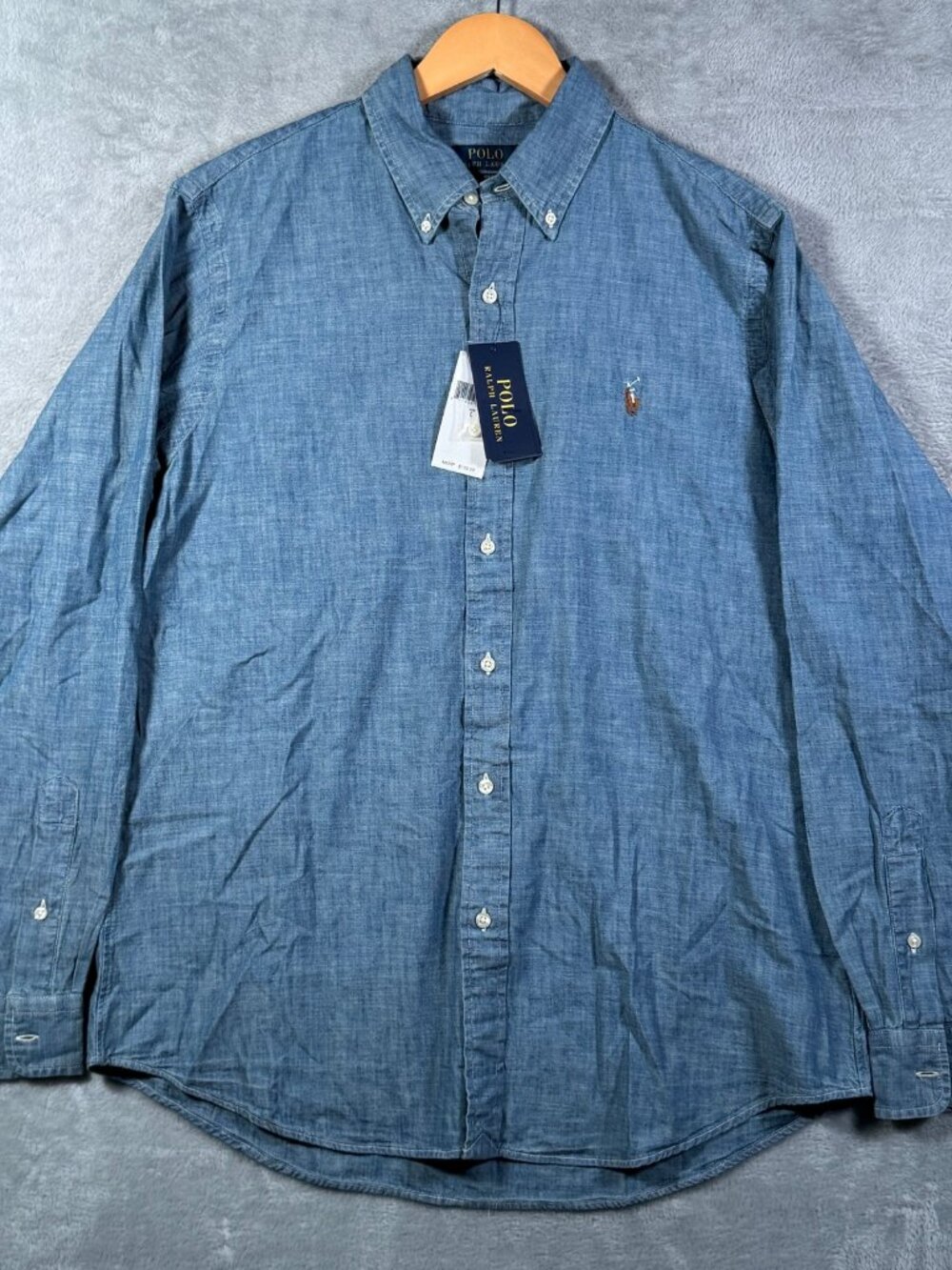 Polo Ralph Lauren Button Down Shirt Mens L Blue Chambray Indigo Cotton $130